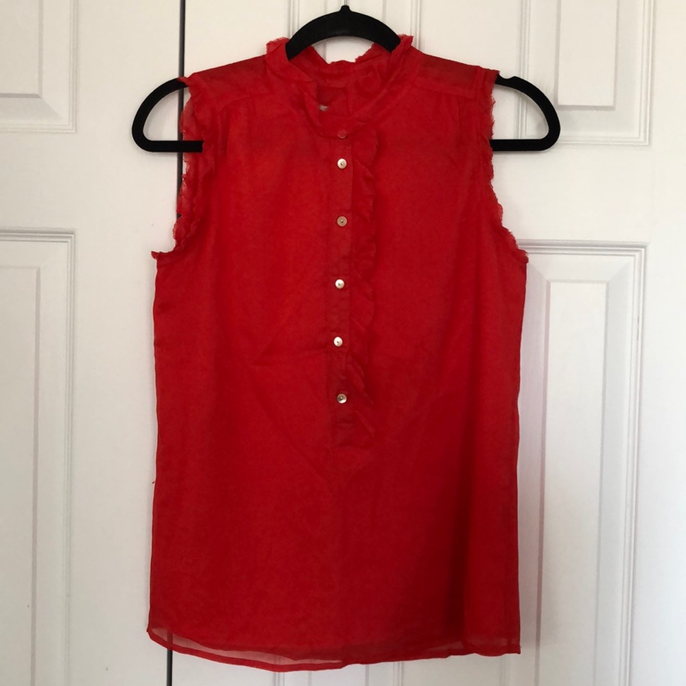 Jcrew red sleeveless blouse with ruffle detail
